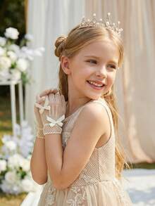 1 đôi găng tay lưới co giãn cho trẻ em 4-12 tuổi, kèm 2 nơ nhỏ, màu be - 1Pair - Xem 11