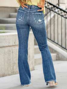 Elastic Perforated Micro Flared Jeans - Comfortable, Soft, Breathable, Suitable For Casual Denim Women's Clothing - 藍色 - 查看 4