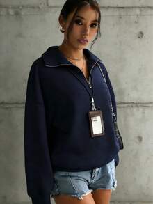 Women's Solid Color Drop Shoulder Long Sleeve Zip-Up Half Placket Casual Hoodie, Autumn/Winter - Màu xanh lam - Xem 3