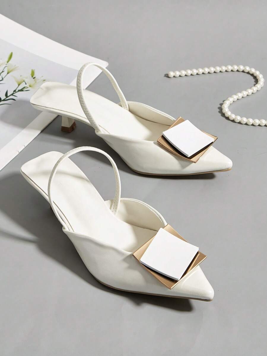 2025新款女士时尚金属扣尖头高跟鞋，优雅设计 - 白色 - 查看 1