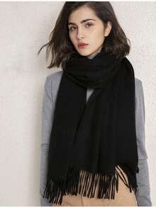 1条女士加厚双面仿羊绒围巾，优雅简约风格男女通用披肩，秋冬季日常百搭保暖 - 黑色 - 查看 7