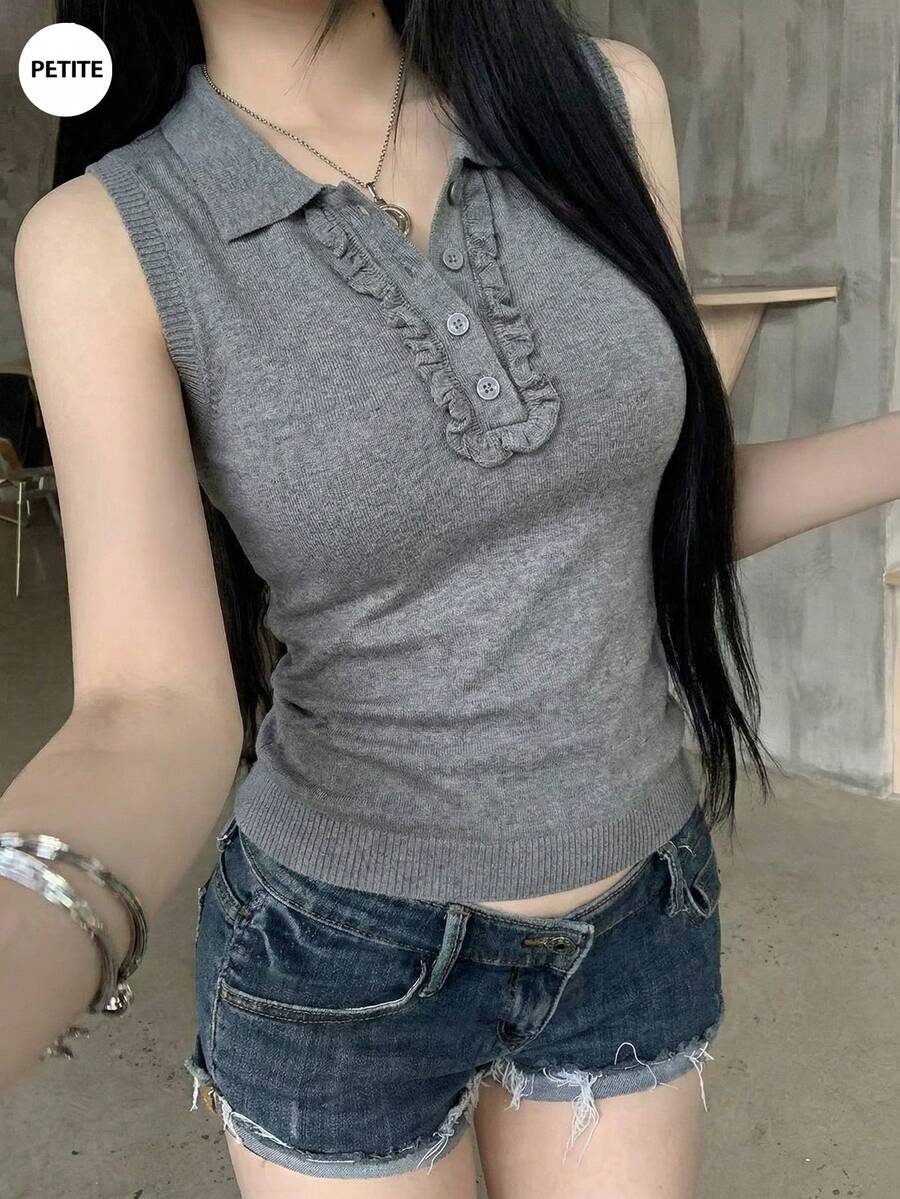 Spring Vintage Polo Collar Knit Sleeveless Top, Stylish Slim Fit Tank - Grey - View 1