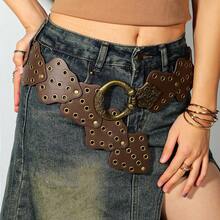 1pc Women's Bohemian Style Brown Patchwork Vintage Bull Head Metal Buckle Retro Leather Belt, Suitable For Dresses, Jeans, Music Festival, Commuting Outfit - Brown Bull Head - View 18