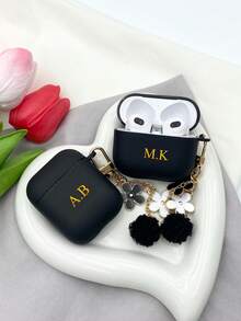 Customized (2-Piece Set, Including Small Floral Plush Lanyard) Minimalist Matte Korean-Style Earphone Case, Black & White Floral Plush Circle Lanyard, Compatible With AirPods 1/2 And Pro 3, Customized Letter Name, Ideal For Valentine's Day, Birthday, Holiday Gifts, Personalized Gifts For Women - Black - View 1
