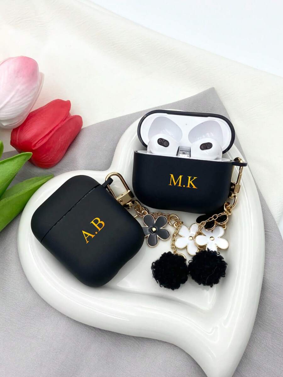 Customized (2-Piece Set, Including Small Floral Plush Lanyard) Minimalist Matte Korean-Style Earphone Case, Black & White Floral Plush Circle Lanyard, Compatible With AirPods 1/2 And Pro 3, Customized Letter Name, Ideal For Valentine's Day, Birthday, Holiday Gifts, Personalized Gifts For Women - Black - View 1