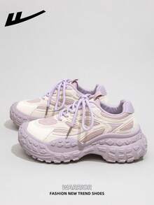 1双 WARRIOR 女士厚底系带软底休闲鞋，低帮户外平底鞋，圆头低跟防滑纯色优雅软底徒步鞋，适合学生、毕业照、平底鞋、低帮皮面运动滑板鞋 - 米/紫 - 查看 1