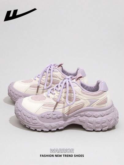  1 Pair WARRIOR Women's Thick Sole Lace-Up Soft Bottom Casual Shoes, Low-Top Outdoor Flat Shoes, Round Toe Low Heel Non-Slip Solid Color Elegant Soft Bottom Hiking Shoes, Suitable For Students, Graduation Photos, Flat Shoes, Low-Top Leather Face Sports Skateboard Shoes