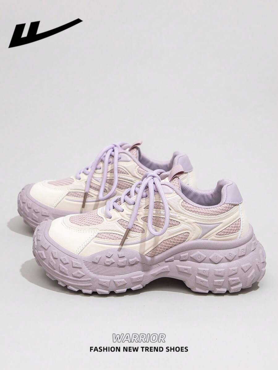 1双 WARRIOR 女士厚底系带软底休闲鞋，低帮户外平底鞋，圆头低跟防滑纯色优雅软底徒步鞋，适合学生、毕业照、平底鞋、低帮皮面运动滑板鞋 - 米/紫 - 查看 1