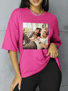 Custom Plus Size Women's Round Neck Short Sleeve Sports Top Summer - Hot Pink - View 2