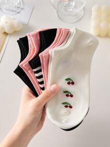 5 Pairs Women's Cute Cherry & Striped Pattern Ankle Socks, Black And Pink, Non-Slip, Breathable, Suitable For Spring/Summer - Multicolor - View 8