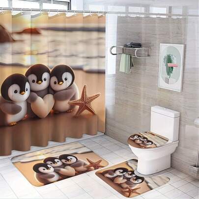 3件套企鹅图案浴室帘，防水多功能浴帘，带12个挂钩，防滑浴垫，U型马桶垫，浴室装饰，浴室隔断，房间装饰