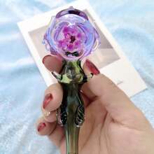 5 Inch New Product  Rose Shaped Glass/Flower Glass Decor With Pink Pouch - Elegant Floral Decor With Green Leaves, Holiday Gift, Birthday Gift, Gift For Friends - 紫色 - 查看 3
