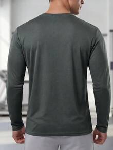 男士圆领休闲运动长袖T恤，纯色健身跑步长袖T恤上衣，适合户外活动，运动T恤上衣，节日礼物 - 灰色 - 查看 3