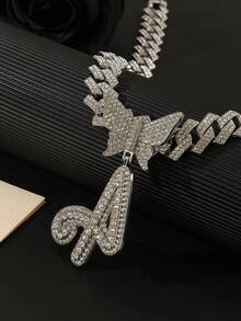2pcs Women's Silver Necklace Set - A-Z Rhinestone Butterfly Letter Pendant Necklace & Bracelet, Diamond-Shaped Cuban Chain, Cursive Letter Jewelry - Fashion Ice Crystal Butterfly - View 41