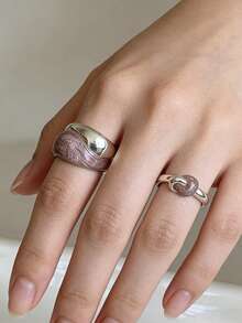 2pcs Minimalist & Elegant French Style Geometric Purple Enamel Drip Oil Design Unique Luxury Rings Set, Versatile For Daily, Vacation, Party Wear - Silver + Purple - View 6