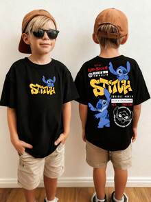 Disney Black Background Stitch Front And Back Print Kids' Short Sleeve T-Shirt And Playful Casual Top - Black - View 1