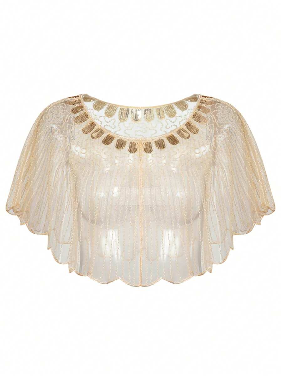 20s High Quality Women's Shawl Evening Cloak, Vintage Short Shawl With Sequin Embroidery And Mesh Design, Suitable For Parties!