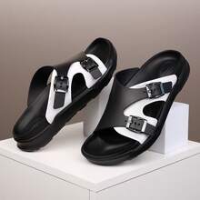 Men's Casual Slippers, Buckle Design Beach Sandals, Versatile Non-Slip Fashion Slides, Suitable For All Seasons - Black and White - View 3