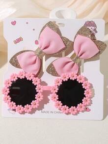 Set de 3 accesorios para el cabello de niña - Pinzas para el cabello con moño + Gafas con flores lindas - Rosa - Ver 5