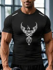 1 szt. Letnia, swobodna, szybkoschnąca, sportowa koszulka z krótkim rękawem, wygodna, oddychająca, okrągła koszulka fitness z modnym nadrukiem, idealna do biegania na świeżym powietrzu dla mężczyzn, odprowadzająca wilgoć, odpowiednia do ćwiczeń na siłowni, doskonały wybór dla mężczyzn uprawiających sporty na świeżym powietrzu - Czarne - Zobacz 1