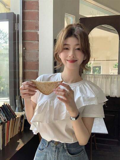 Áo thun nữ mùa hè màu trơn cổ tròn tay ngắn viền bèo nhún kiểu dáng thường ngày