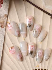 10pcs Acrylic Press On Nails Pink Light Gray White Flower Nails Press On Nail Supplies Fake Nails Short Office DailyWear False Nails Artificial Nails Kit Includes 1sheet Adhesive Tabs &1 Pc Mini File - Multicolor - View 2