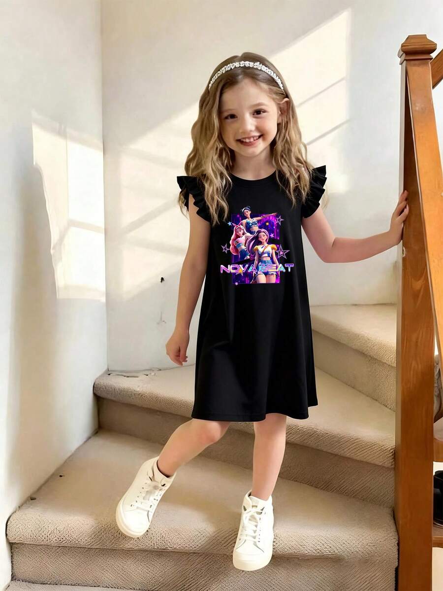 1 Stück Mädchen Kleid mit Rüschenärmeln, mit "NOVA BEAT" koreanischem Grafikdruck, weicher & angenehmer Stoff, geeignet für den täglichen Gebrauch, lässige Unternehmungen und Frühlings-/Sommerfeste - Schwarz - Übersicht 1