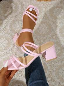 女士优雅时尚搭扣交叉绑带办公室派对纯色沙滩高跟防滑沙滩凉鞋 - 粉色 - 查看 5
