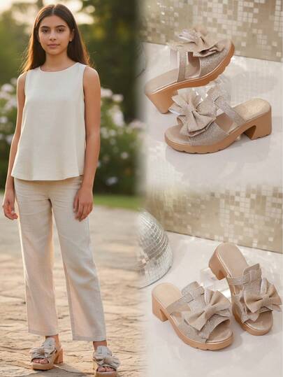 Gold Plus Size Girls' Thick Bottom Wedge Sandals, Shiny Leather Material, Fashionable Bow Decor, Classic Slip-On Design, Round Toe, Non-Slip Wedge Sole, Cute Beach Slippers Suitable For 3-15 Years Old Girls, Casual, Beach, Holiday, Party, Spring/Summer