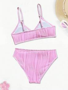 少女比基尼套装，粉色针织面料，特殊材质，两件式泳衣，深V领，可调节肩带，O型环装饰，新款夏季海滩度假泳装 - 粉色 - 查看 2