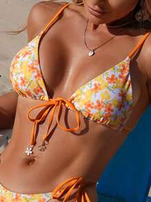 Bộ bikini hai mảnh gợi cảm dành cho nữ, thích hợp cho kỳ nghỉ hè, in họa tiết hoa và nơ trang trí. - trái cam - Xem 7