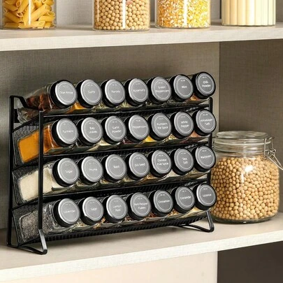 Organize Your Kitchen Effortlessly With This Spice Rack Organizer, A Complete Set Including A Seasoning Rack, 28 Empty Glass Jars With Black Lids, A Funnel, And Labels For Perfect Cabinet, Countertop, Or Pantry Storage.