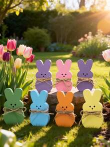 6pcs Easter Decorations, Wooden Tiered Tray Rabbit Decor, These Adorable Rabbit Decorations Bring Joy To Easter, Great For Tiered Display, Easter Home Decor, Spring Wooden Decor, Holiday Party Decoration And Birthday Party Decoration. - Multicolor - View 6