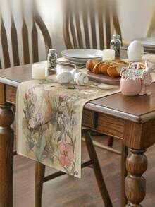 1pc Easter Egg & Floral Pattern Table Runner, Easter Bunny & Egg Table Cloth, Linen Material, Available In Multiple Sizes, Suitable For Home Dining, Kitchen Decor, Home Decor, Outdoor Party And Restaurant Decoration, Textured Linen Appearance - Multicolor - View 7