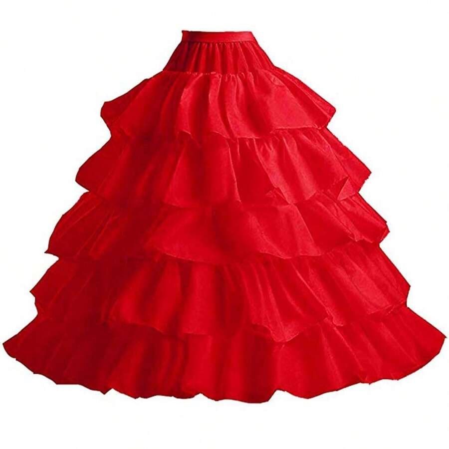 全罩杯裙撑，5层荷叶边，舞会礼服衬裙，婚纱内衬裙，腰部可调节 - 紅色 - 查看 1