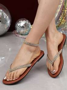 Rhinestone Thong Sandals For Women, Shiny Flat Flip Flops, Fashionable Beach Holiday Slippers - Gold - View 2