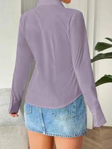 Women's Long Sleeve Polyester Button-Up Shirt, Collared, Regular Length Spring - Mauve Purple - View 2