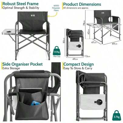 Folding Directors Chair With Side Table, Cup Holder, Storage Pocket, Camping Garden, Storage Pocket, Padded Armrests, Heavy Duty Steel Frame, 120kg Capacity Black