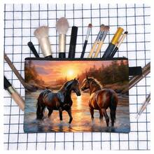 Black & White Horse Pattern Filled Bag, White Horse Animal Lover Style, Fashionable And Casual, Large Capacity, Portable Zipper Polyester Cosmetic Bag, Office Storage Bag, Running Horse Pattern Travel And Holiday Essential Cosmetic Bag, Suitable For Travel, Daily Use - Multicolor - View 2