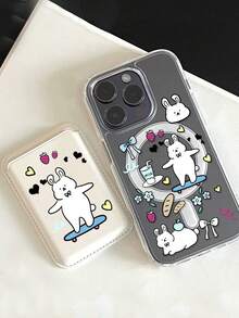 1pc Transparent Magnetic Cute Cartoon Skateboard Rabbit + Magnetic PU Leather Card Holder TPU Shockproof Phone Case Cover For IPhone11/12/13/14/15/16/17/PROMAX - Clear - View 1
