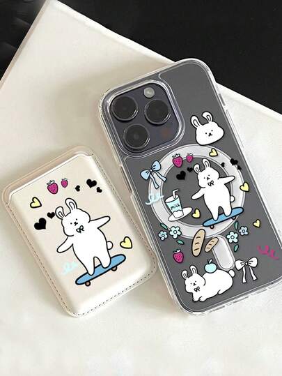 1pc Transparent Magnetic Cute Cartoon Skateboard Rabbit + Magnetic PU Leather Card Holder TPU Shockproof Phone Case Cover For IPhone11/12/13/14/15/16/17/PROMAX
