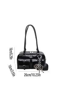 This Is A Fashionable And High-End All-Black Shoulder Bag, Featuring Letter Decoration And An External Black Heart-Shaped Pendant Design. The Handbag Has Multiple Pockets And Multi-Functional Compartments, Using Smooth Zippers For Closure, And A Dual-Handle Top That Allows For Shoulder Or Hand Carrying. It Is Very Suitable For Ladies To Use When Going Out, Shopping, Or On Dates. - Black - View 4