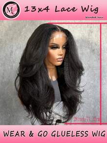 13x4 Lace Yaki Straight Lace Front Human Blended Wig, Double Textured Curly Straight Hair, No Glue Pre Pulled, Natural Black, Deep Split, Elegant Style, Unisex, Can Be Worn Directly Human Blended Hair Wig With Baby Hair Natural Color - Natural & Black - View 2
