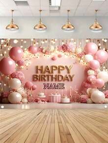 Personalized Name & Birthday Background - Pink Balloon Party Photo Backdrop, Valentine's Day Family Party Decor, Children's Birthday Party Photo Booth Banner - Multicolor - View 5