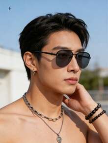 新款时尚金属半框双梁飞行员太阳镜，男女通用，提供遮阳和紫外线防护 - 黑色 - 查看 4