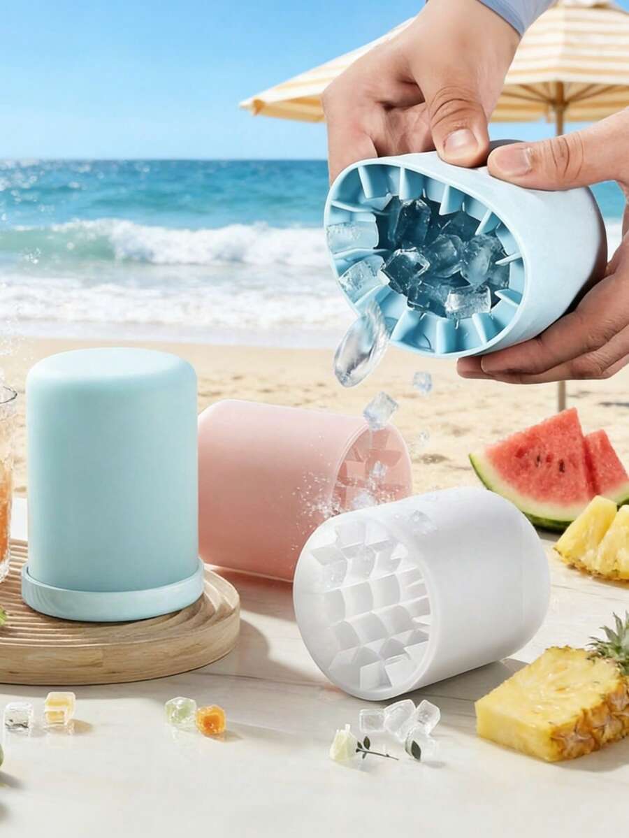 1个蓝色便携式硅胶冰格，圆柱形3D制冰器，易脱模硅胶冰格，带防漏盖，可堆叠设计，可重复使用，适用于家庭、酒吧、俱乐部、露营、烧烤和夏季派对