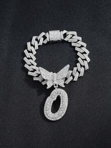 2pcs Women's Silver Necklace Set - A-Z Rhinestone Butterfly Letter Pendant Necklace & Bracelet, Diamond-Shaped Cuban Chain, Cursive Letter Jewelry - Fashion Ice Crystal Butterfly - View 3