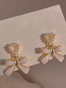 1 Pair Vintage Rhinestone Bow Pearl Earrings For Girls, Suitable For Daily Wear And Parties, Autumn/Winter - Gold - View 3