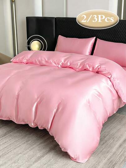 2/3Pcs Satin Solid Duvet Cover Set, Luxurious Comforter Cover Bedding, Soft & Silky, Lightweight & Breathable, Wrinkle-Resistant, Full Size (1 Comforter Cover + 1/2 Pillowcase, No Filling), Suitable For All Seasons, Soft & Comfortable, Suitable For Single, Dorm, Student, Home Bedroom, Hotel Use, With Zipper Closure And Pillowcase, Multi-Color Durable, Extra Large Bedding, Extra Large Comforter Set Suitable For Room Decor, Travel And Dorm (Boys/Girls)