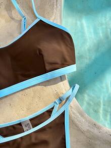 女士比基尼泳装，棕色和蓝色沙滩套装泳衣运动露脐上衣吊带背心坦克尼撞色时尚套装/外出装/生日装/休闲装/Y2K/2000年代/千禧年装/优雅装/老钱风/街头风/度假装/音乐节沙滩装夏季 - 棕色 - 查看 9